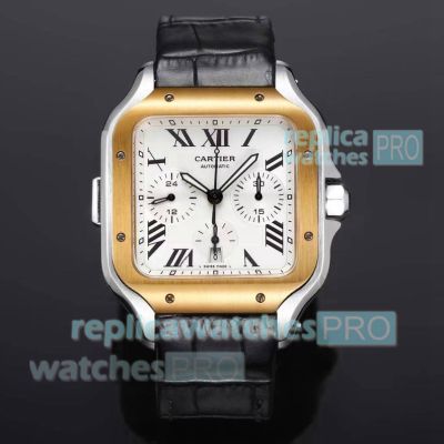 Swiss Copy Cartier Santos De Cartier Silver Face Gold Bezel 7750 Watch 
